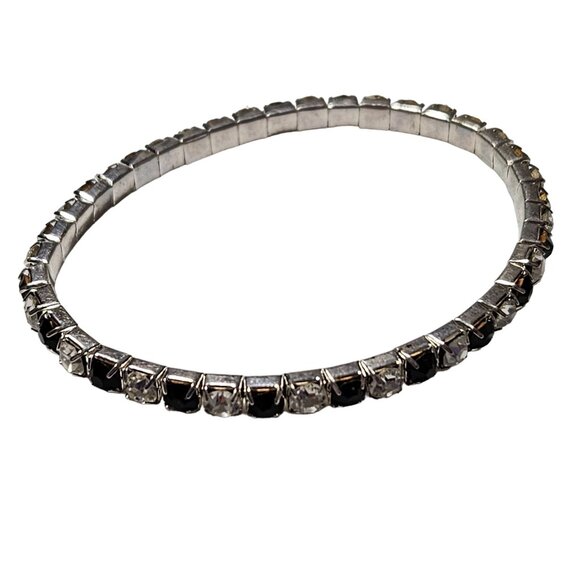 Vintage Elegant Rhinestone Tennis Bracelet  Silver Tone Black Clear Stones Women - Picture 1 of 3